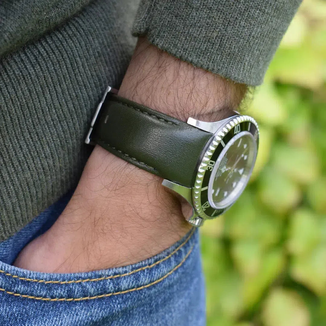Curved end leather strap for Rolex Sea-Dweller 16600 VariLeer Strap green on wrist wrist shot