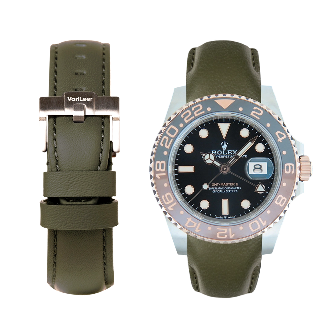 Curved end leather strap band for GMT-Master 2 Ceramic 'Root Beer' ref. 126711CHNR Green