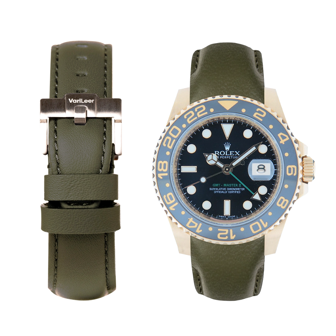 Curved end leather strap band for GMT-Master 2 Ceramic ref. 116719LN Green