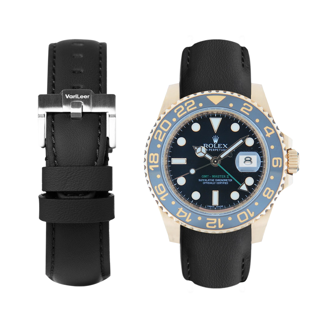 Curved end leather strap band for GMT-Master 2 Ceramic ref. 116719LN black