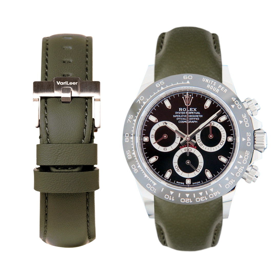 Curved end leather strap band for Rolex Daytona 116500LN VariLeer Strap green