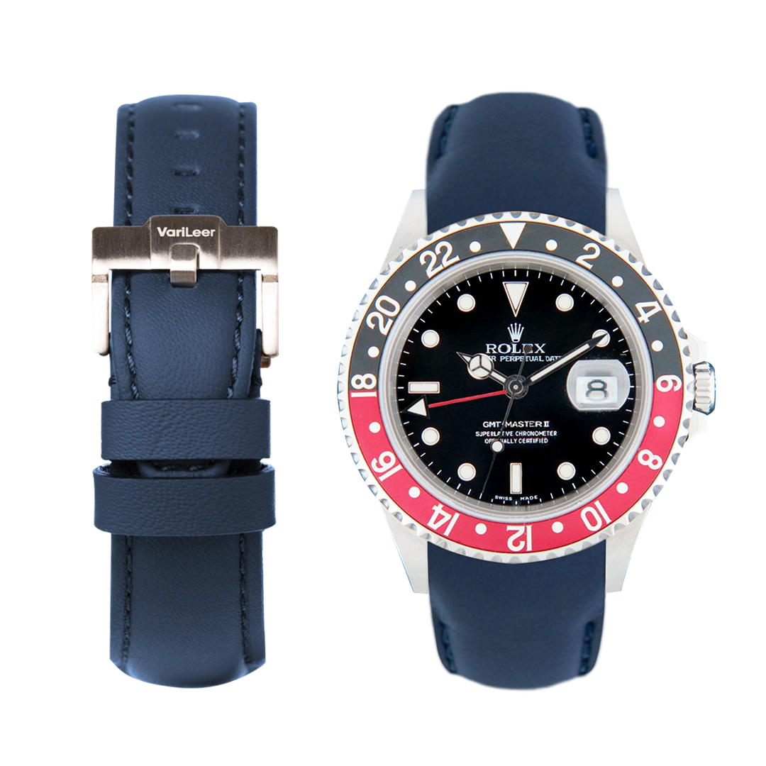 Curved end leather strap band for Rolex GMT 16710 VariLeer Strap blue