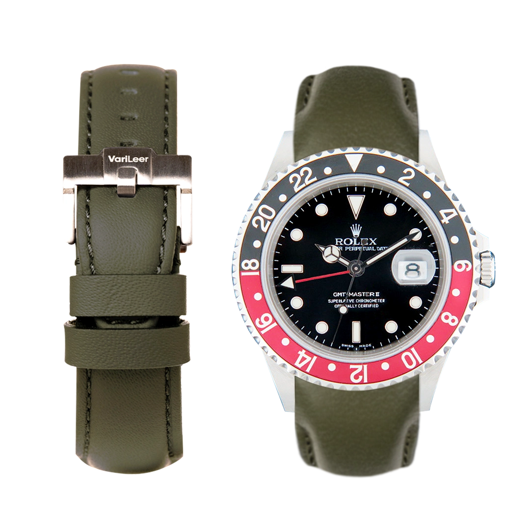 Curved end leather strap band for Rolex GMT 16710 VariLeer Strap green