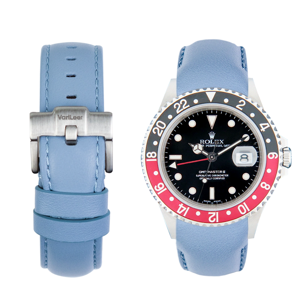 Curved end leather strap band for Rolex GMT 16710 VariLeer Strap light blue