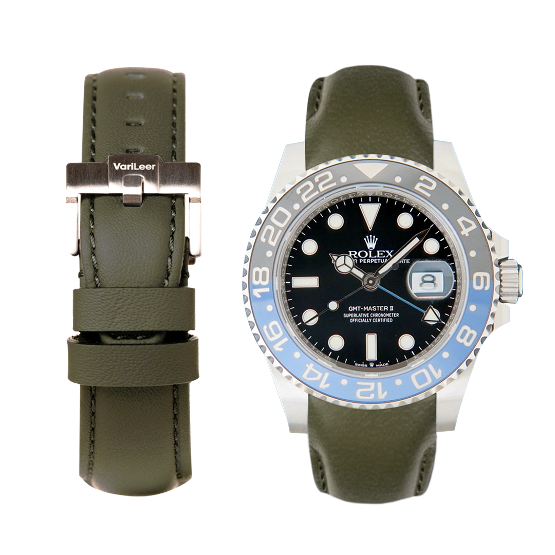Curved end leather strap band for Rolex GMT Batman 116710BLNR VariLeer Strap green