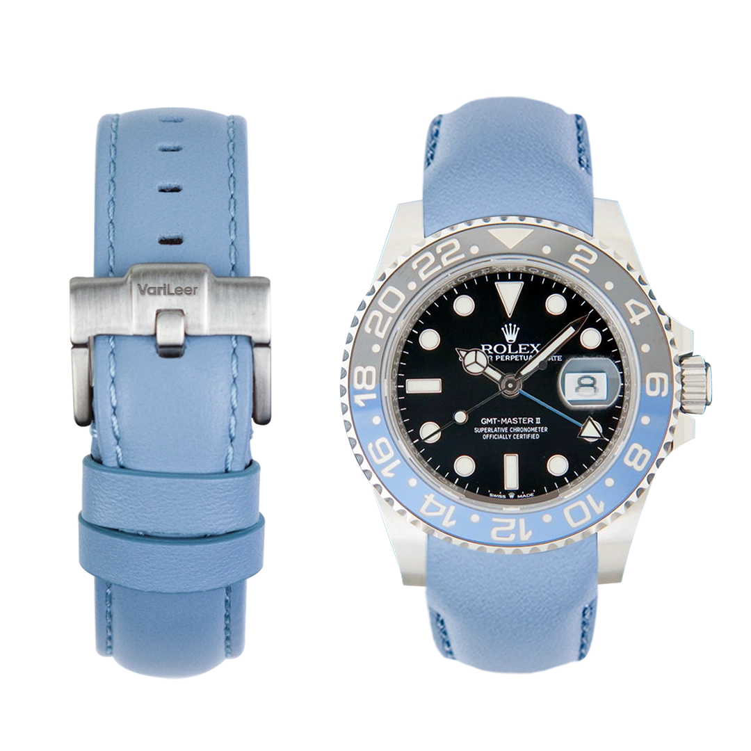 Curved end leather strap band for Rolex GMT Batman 116710BLNR VariLeer Strap light blue