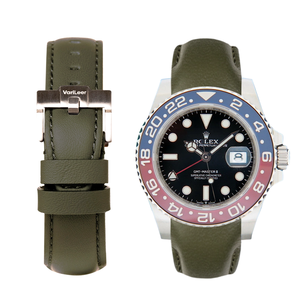 Curved end leather strap band for Rolex GMT Pepsi 126710BLRO VariLeer Strap green