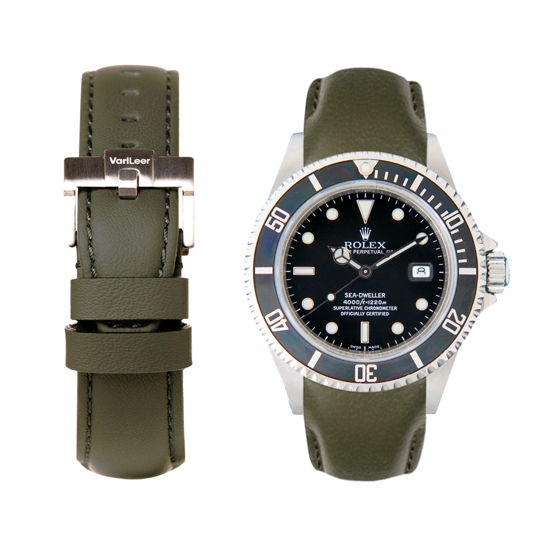 Curved end leather strap band for Rolex Sea-Dweller 16600 VariLeer Strap green