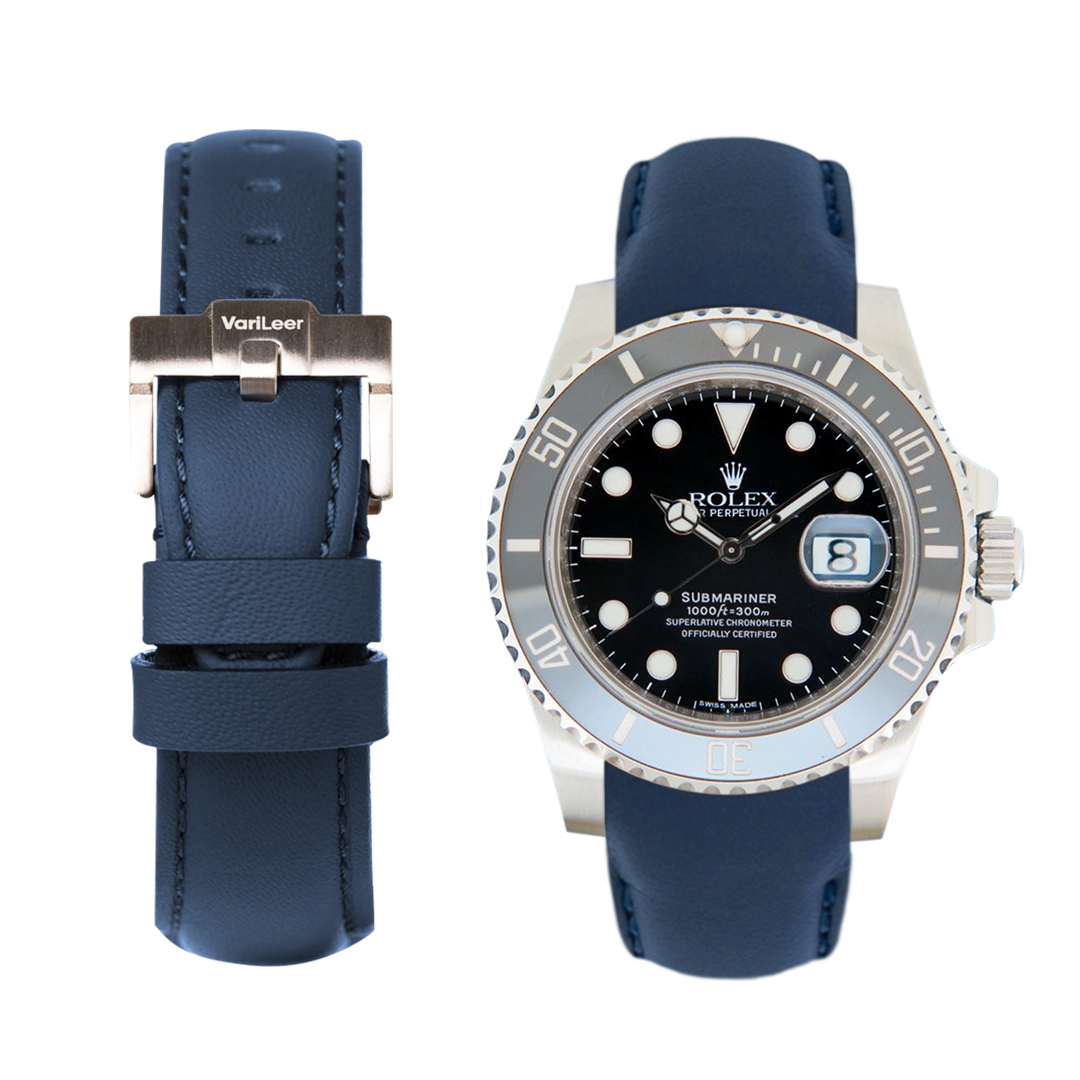 Curved end leather strap band for Rolex Submariner 116610 VariLeer Strap blue