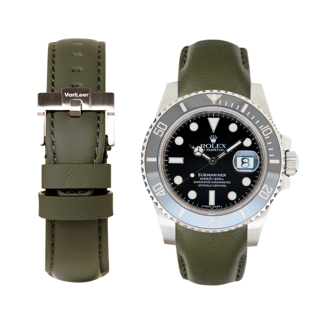 Curved end leather strap band for Rolex Submariner 116610 VariLeer Strap green