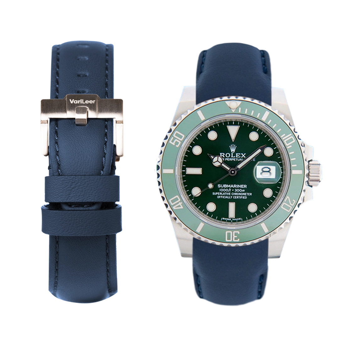 Curved end leather strap band for Rolex Submariner Hulk 116610LV VariLeer Strap blue