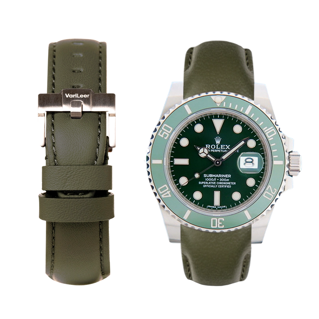 Curved end leather strap band for Rolex Submariner Hulk 116610LV VariLeer Strap green