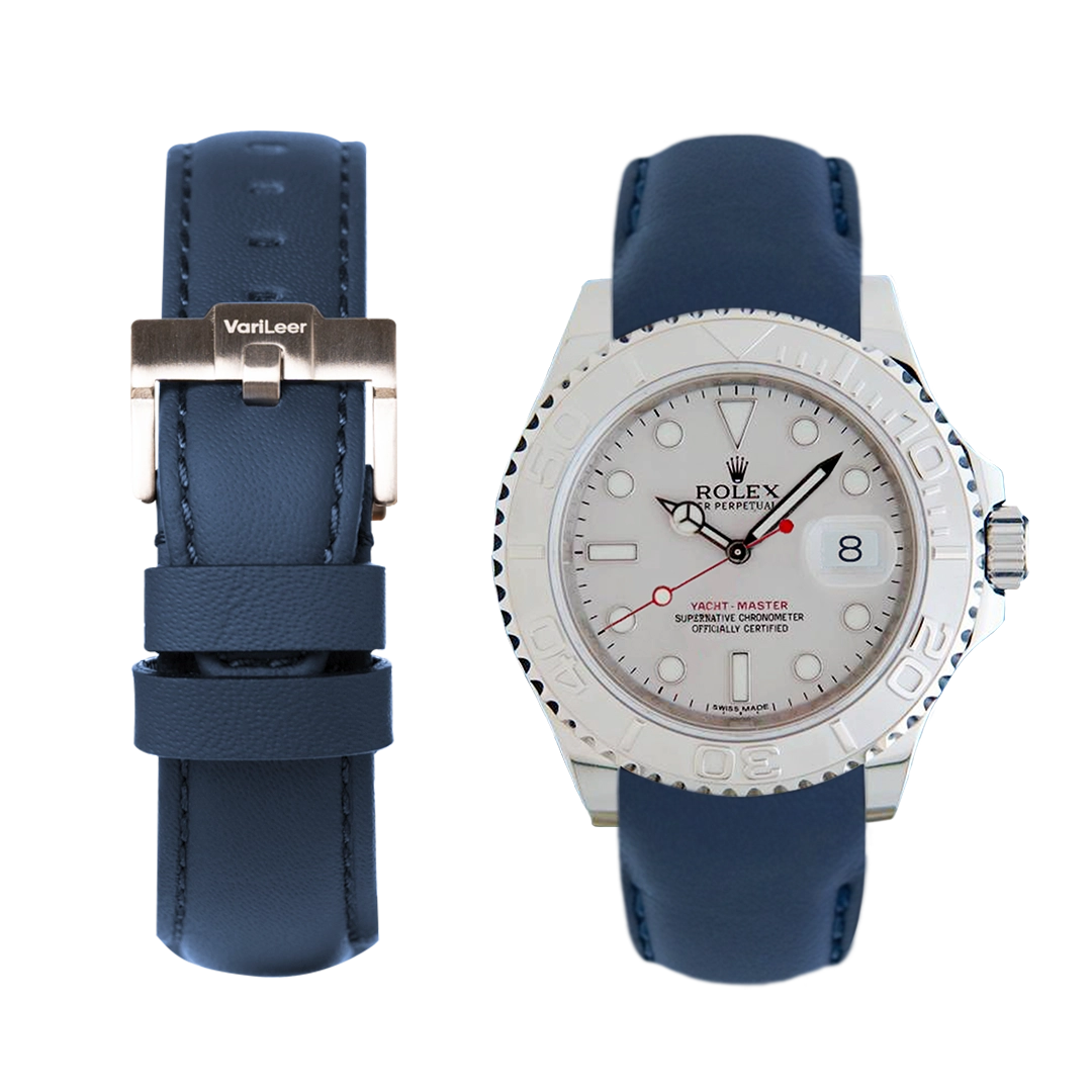Curved end leather strap band for Yacht-Master ref. 116622 grey silver dial blue