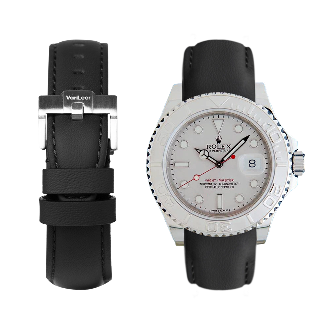 Curved end leather strap band for Yacht-Master ref. 116622 grey silver dial black