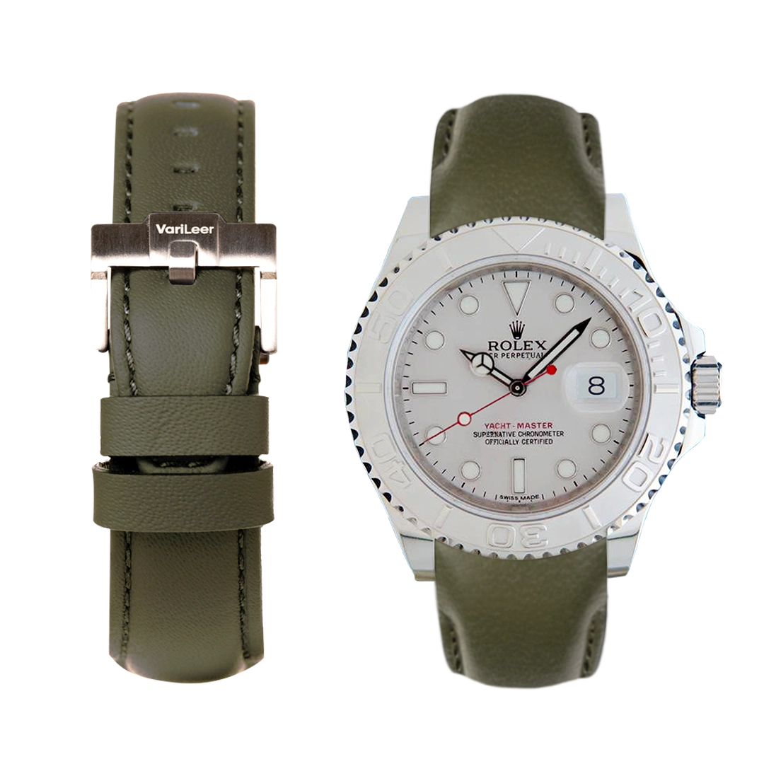 Curved end leather strap band for Yacht-Master ref. 116622 grey silver dial Green