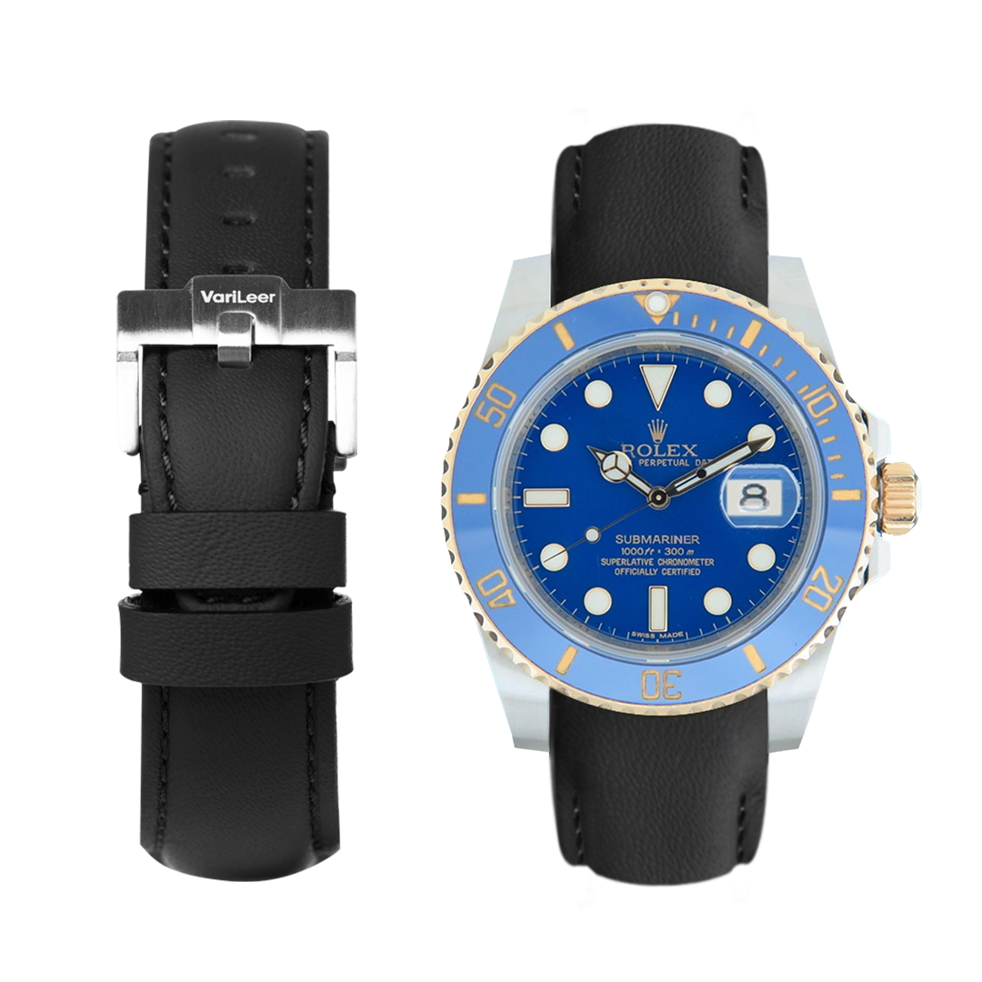 Curved end leather strap band for Submariner Date Ceramic ref. 116613LB black