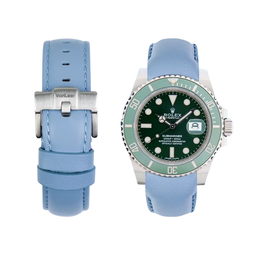Curved end leather strap for Rolex Submariner Hulk 116610LV VariLeer Strap light blue