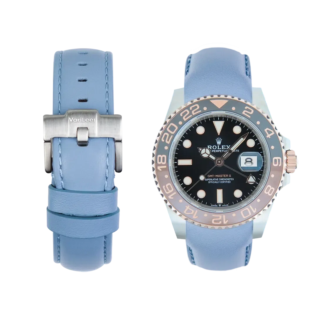 Curved end leather strap for Rolex GMT-Master 2 Ceramic 'Root Beer' ref. 126711CHNR Light blue