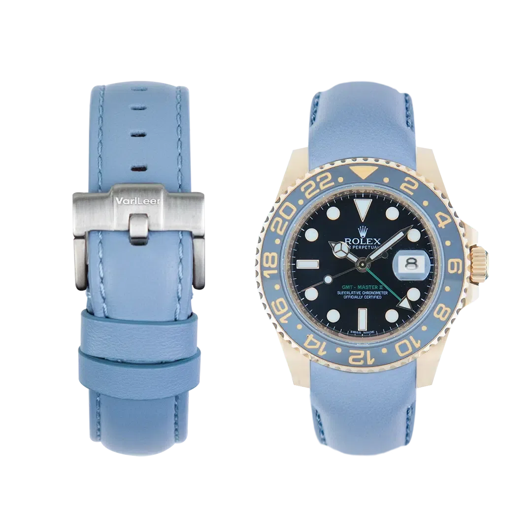 Curved end leather strap for Rolex GMT-Master 2 Ceramic ref. 116719LN light blue