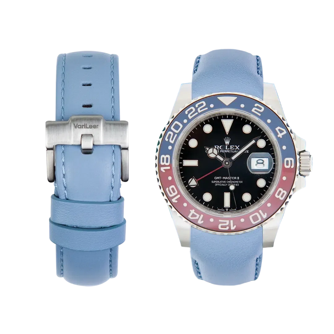 Curved end leather strap for Rolex GMT Pepsi 126710BLRO VariLeer Strap light blue