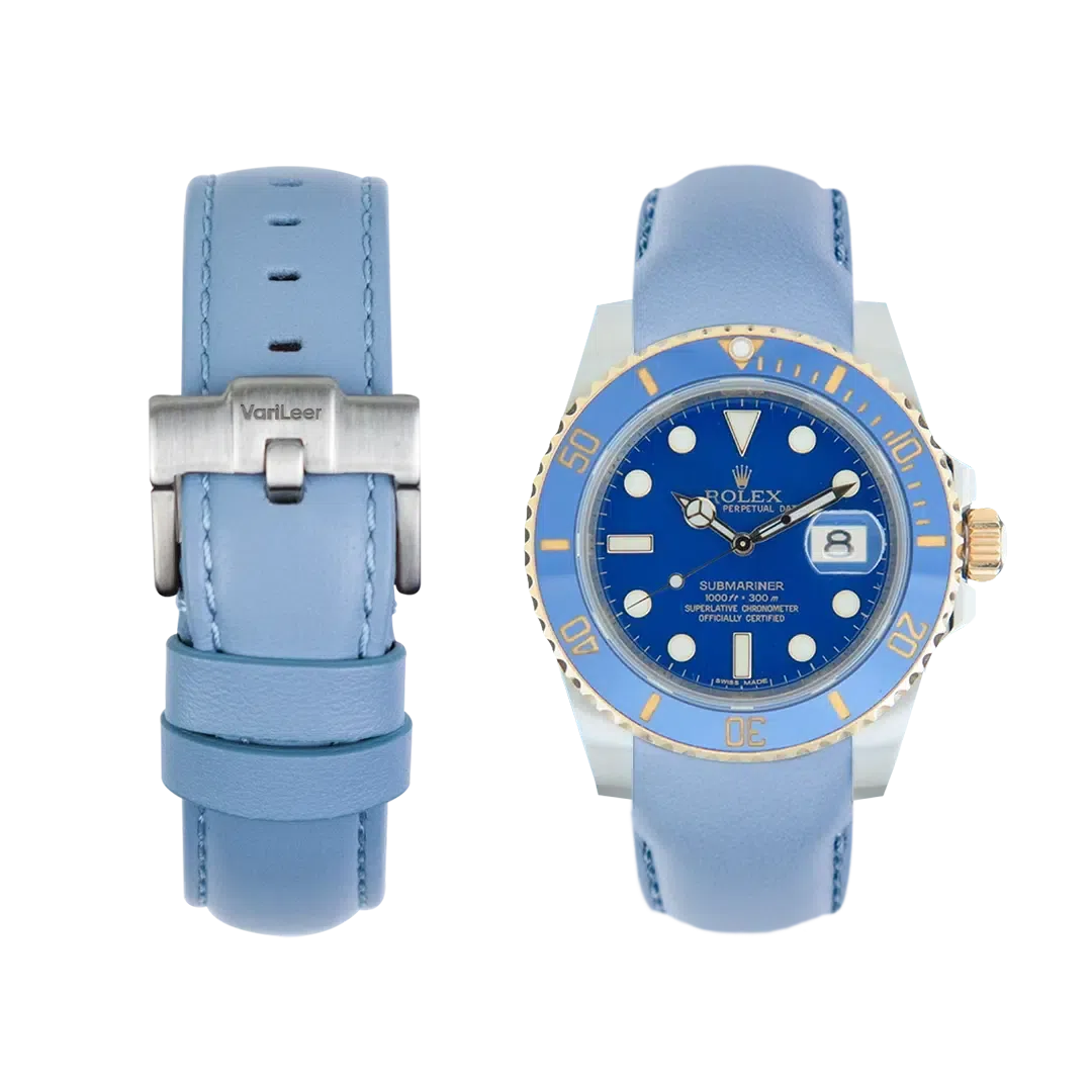 Curved end leather strap for Rolex Submariner Date Ceramic ref. 116613LB light blue