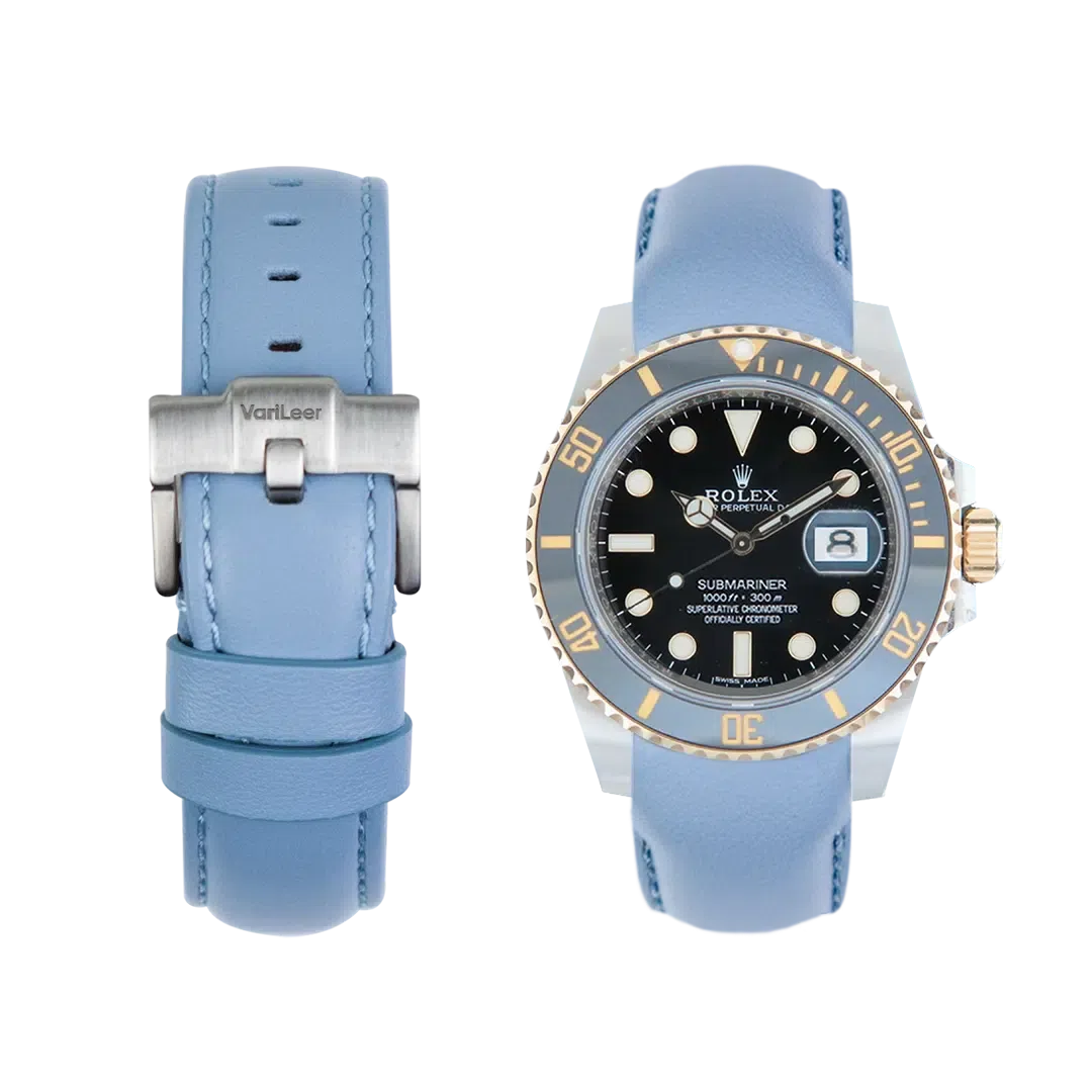 Curved end leather strap for Rolex Submariner Date Ceramic ref. 116613LN light blue