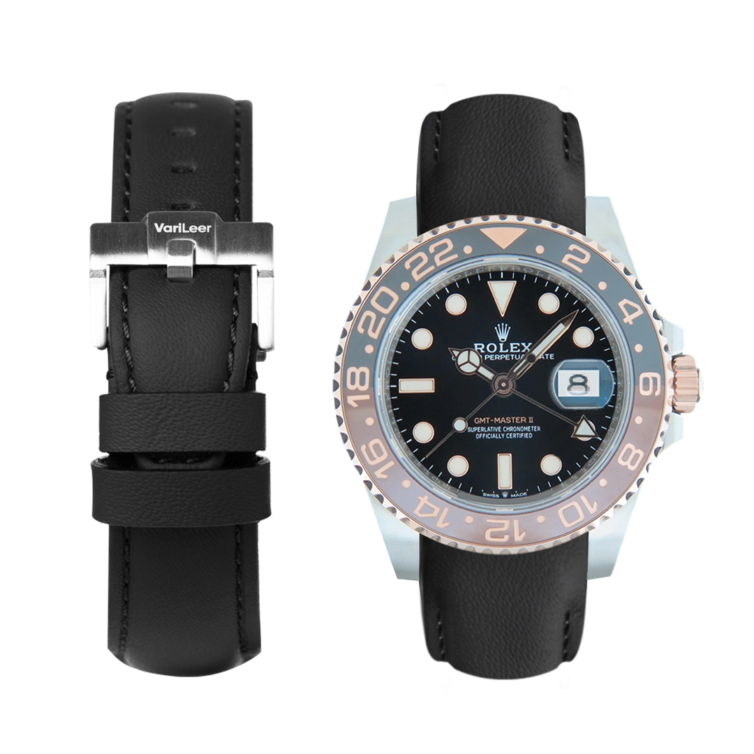 Curved end leather strap band for GMT-Master 2 Ceramic 'Root Beer' ref. 126711CHNR black