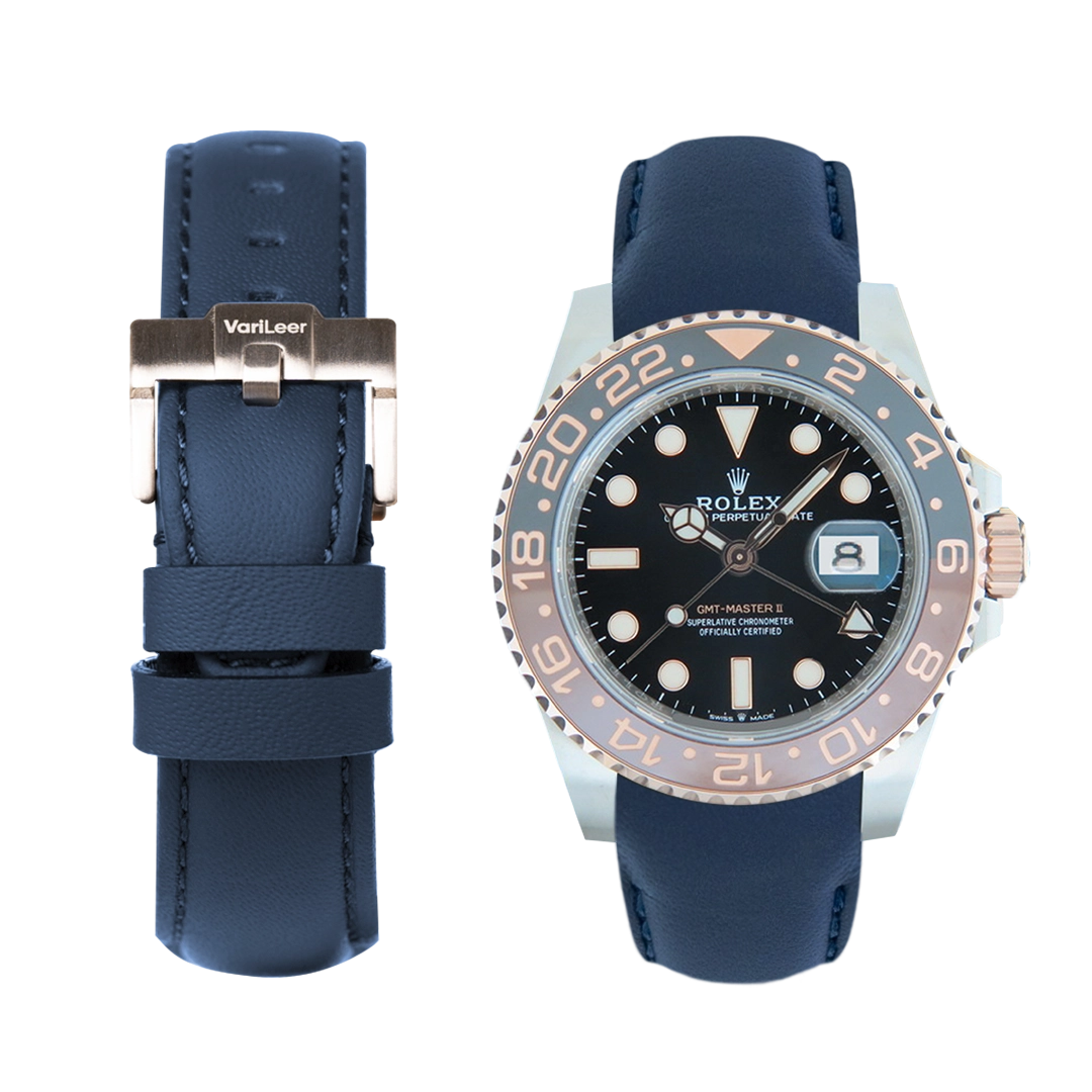 Curved end leather strap band for GMT-Master 2 Ceramic 'Root Beer' ref. 126711CHNR blue