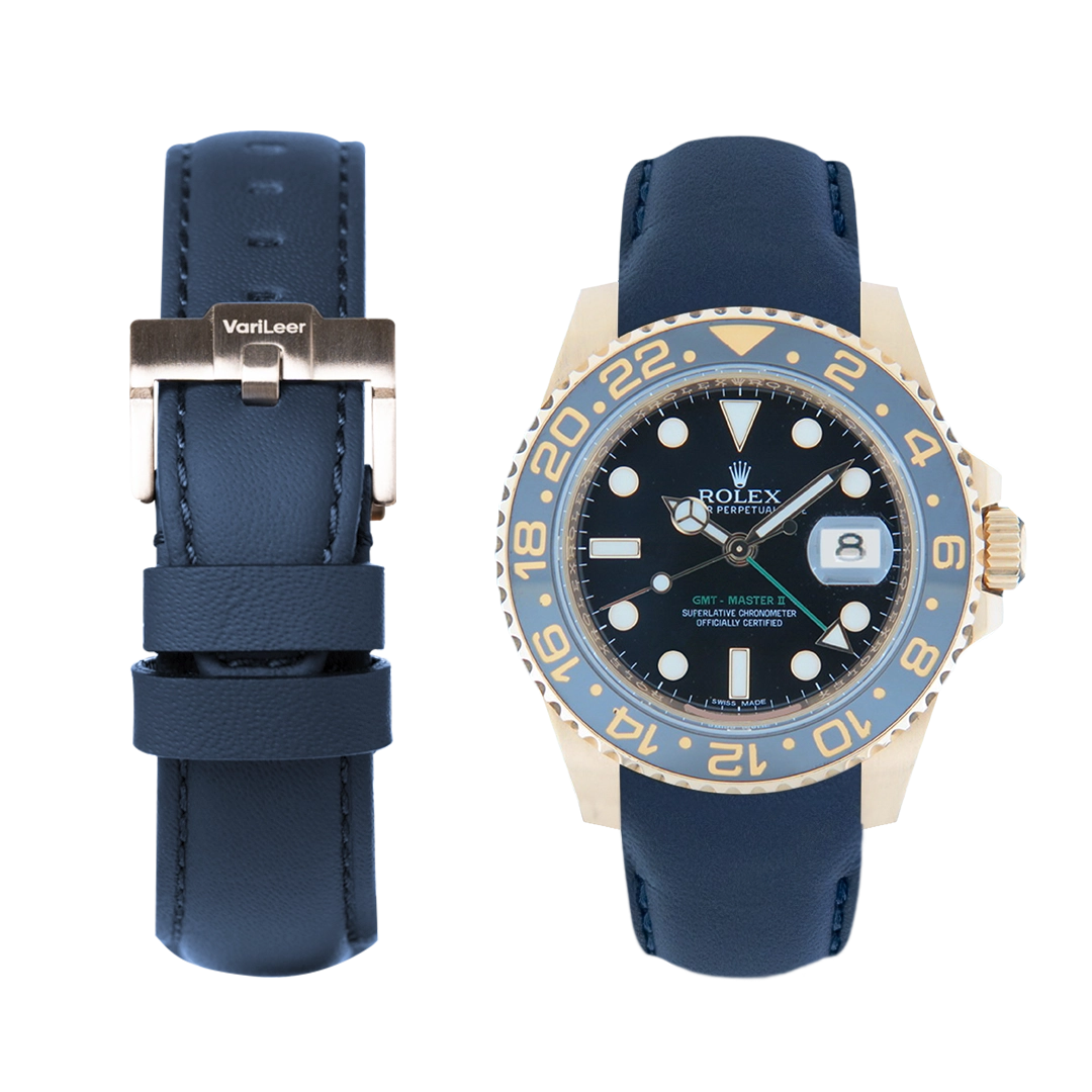 Curved end leather strap band for GMT-Master 2 Ceramic ref. 116719LN blue