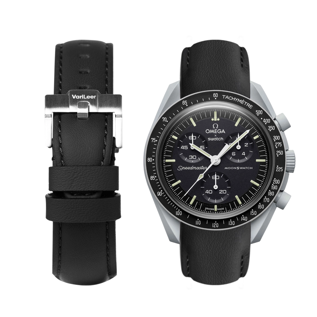 Curved end leather strap band for MoonSwatch black