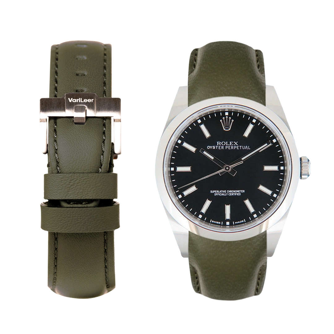 Curved end leather strap band for Oyster Perpetual ref. 114300 Green