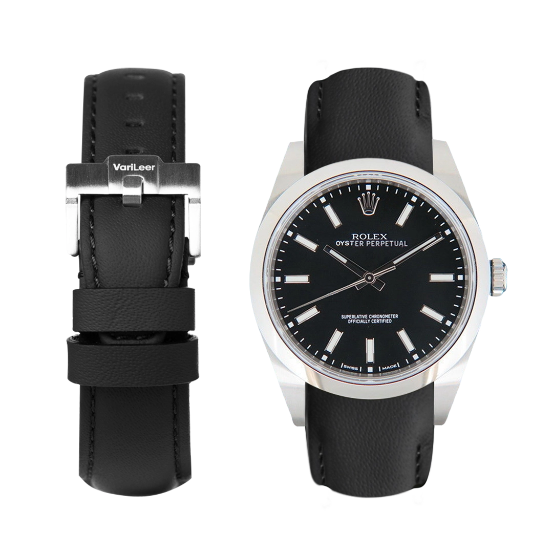 Curved end leather strap band for Oyster Perpetual ref. 114300 black
