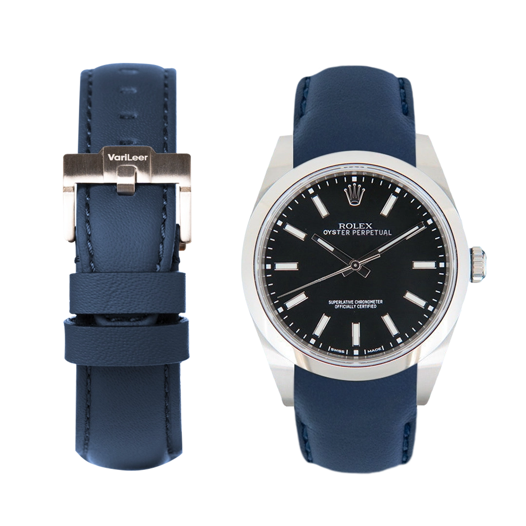 Curved end leather strap band for Oyster Perpetual ref. 114300 blue