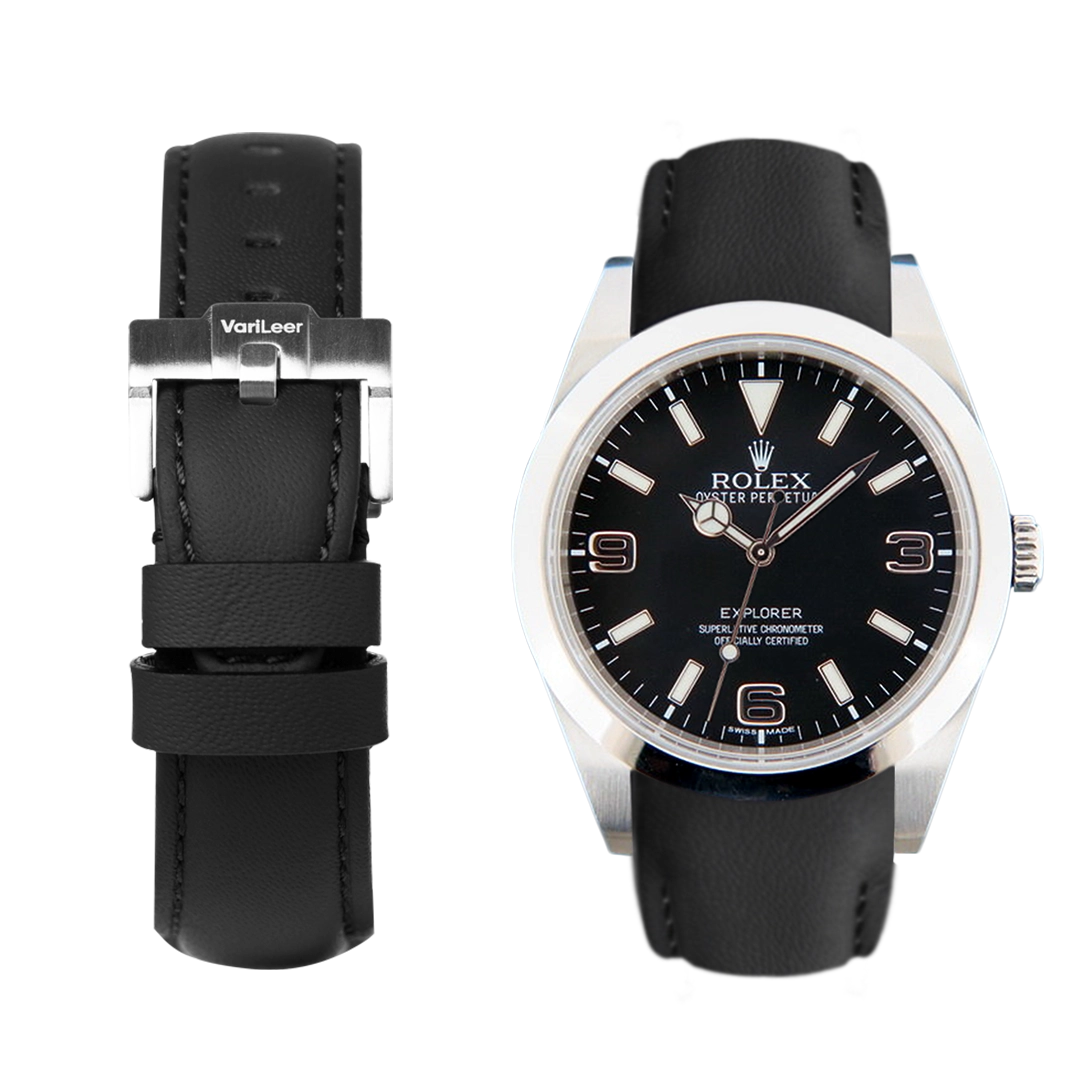 Curved end leather strap band for Rolex Explorer 39mm 214270 VariLeer Strap black