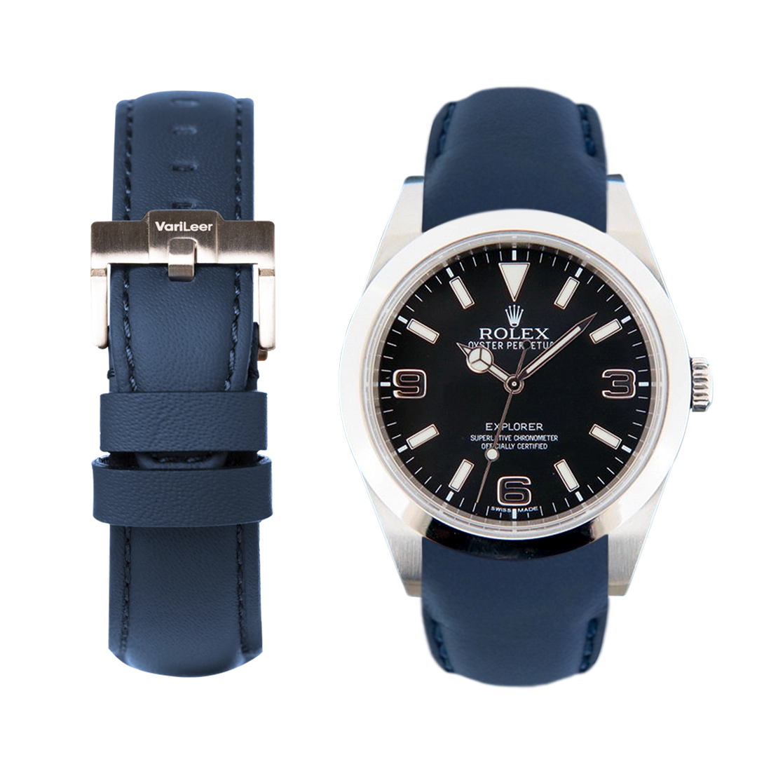 Curved end leather strap band for Rolex Explorer 39mm 214270 VariLeer Strap blue