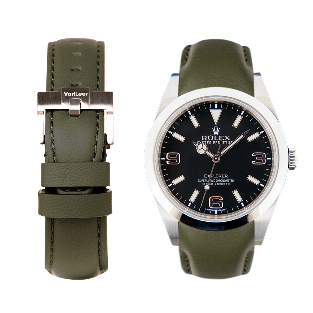Curved end leather strap band for Rolex Explorer 39mm 214270 VariLeer Strap green