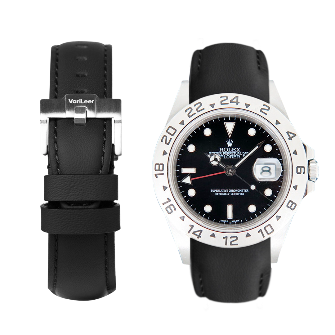 Curved end leather strap band for Rolex Explorer II 16570 VariLeer Strap black