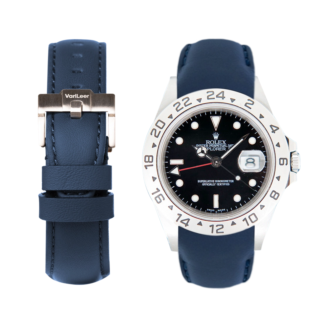 Curved end leather strap band for Rolex Explorer II 16570 VariLeer Strap blue