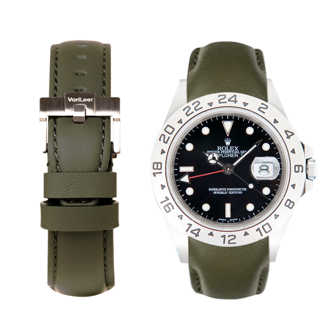 Curved end leather strap band for Rolex Explorer II 16570 VariLeer Strap green