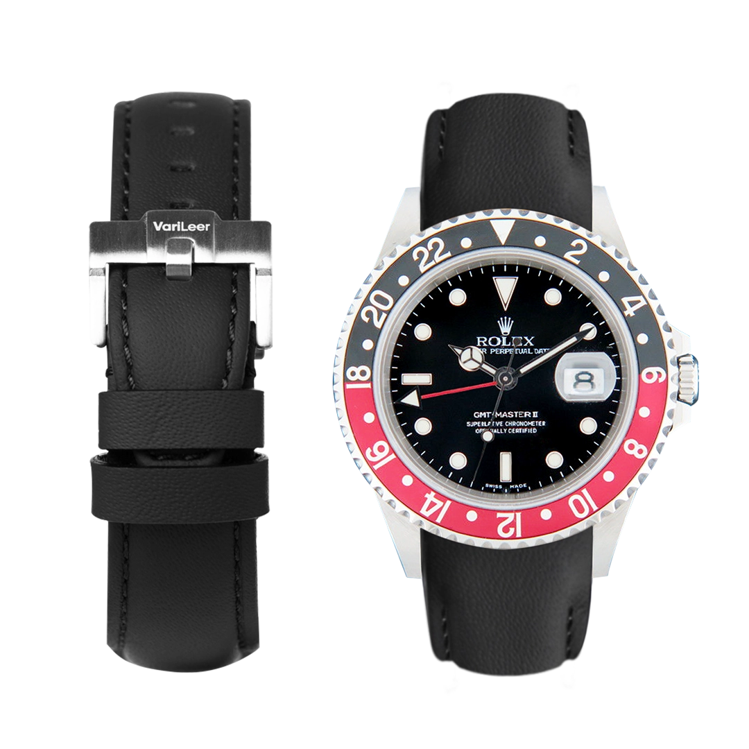 Curved end leather strap band for Rolex GMT 16710 VariLeer Strap black