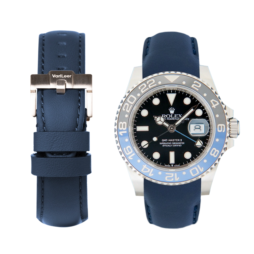 Curved end leather strap band for Rolex GMT Batman 116710BLNR VariLeer Strap blue