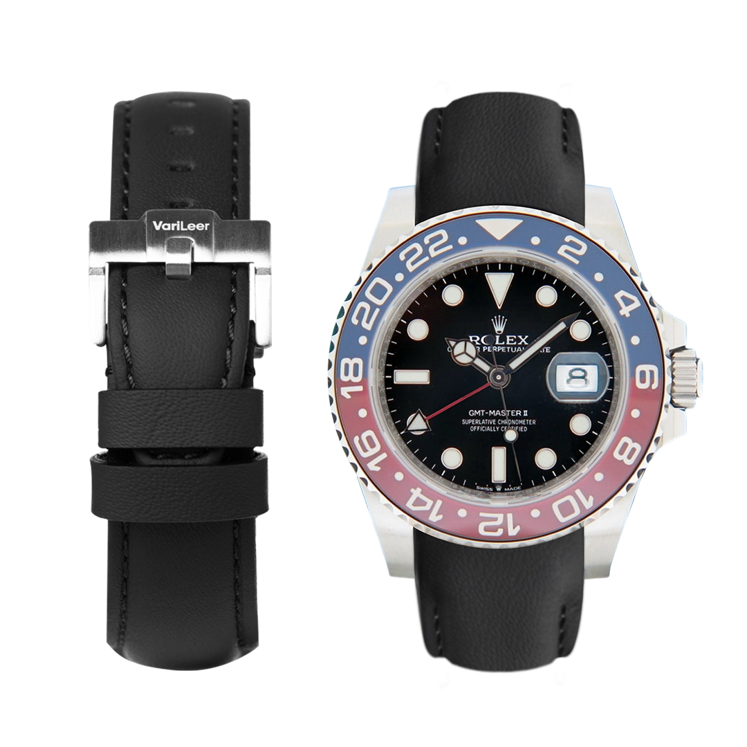 Curved end leather strap band for Rolex GMT Pepsi 126710BLRO VariLeer Strap black