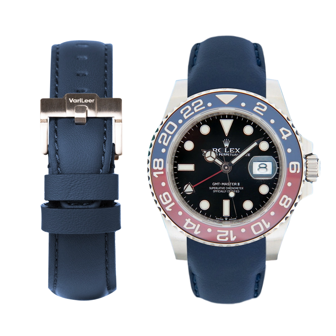 Curved end leather strap band for Rolex GMT Pepsi 126710BLRO VariLeer Strap blue