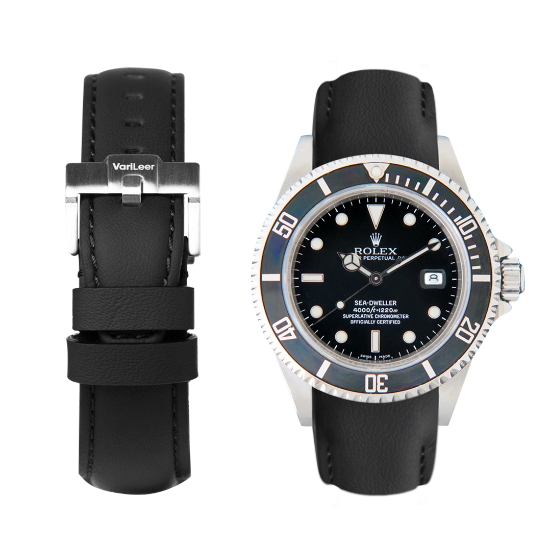 Curved end leather strap band for Rolex Sea-Dweller 16600 VariLeer Strap black