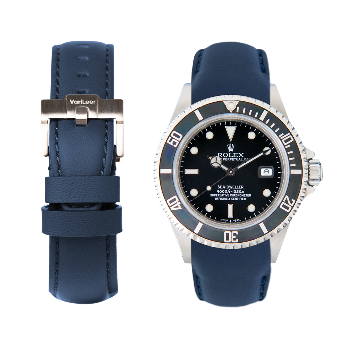 Curved end leather strap band for Rolex Sea-Dweller 16600 VariLeer Strap blue