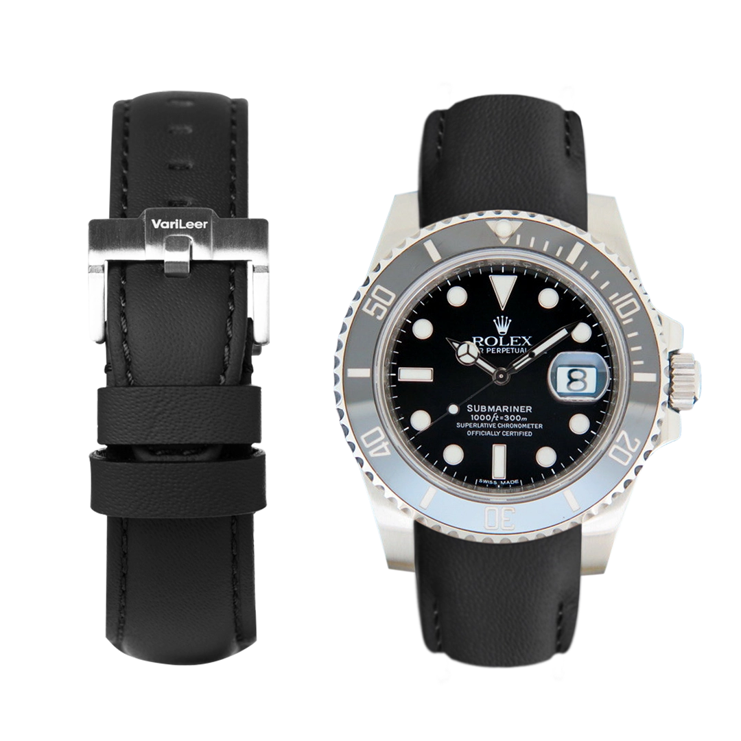 Curved end leather strap band for Rolex Submariner 116610 VariLeer Strap black