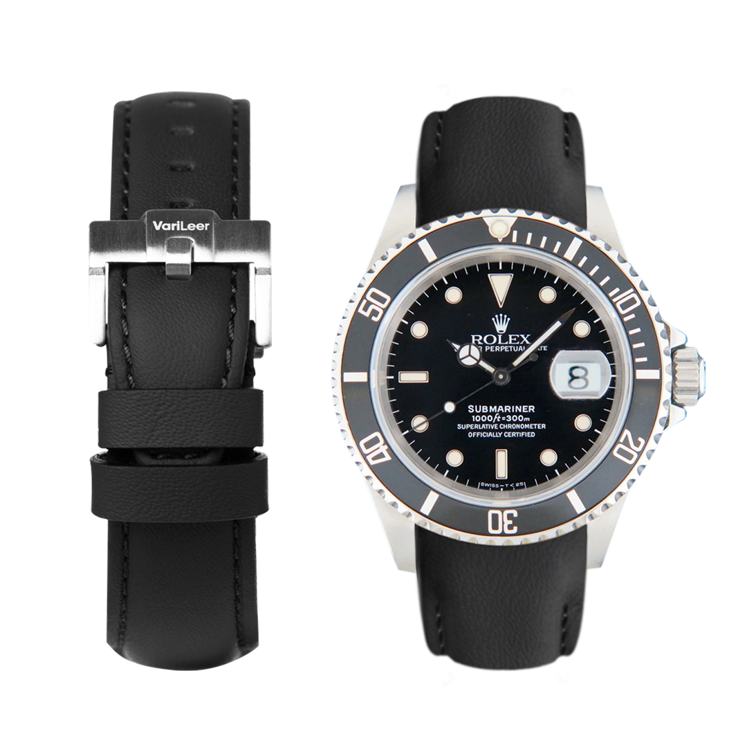 Curved end leather strap band for Rolex Submariner 16610 VariLeer Strap black