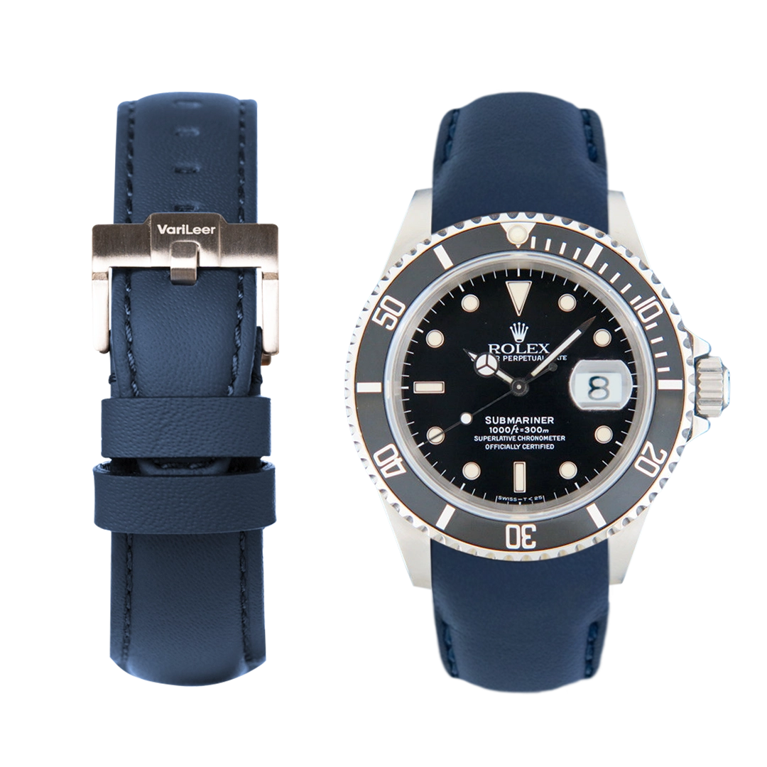 Curved end leather strap band for Rolex Submariner 16610 VariLeer Strap blue