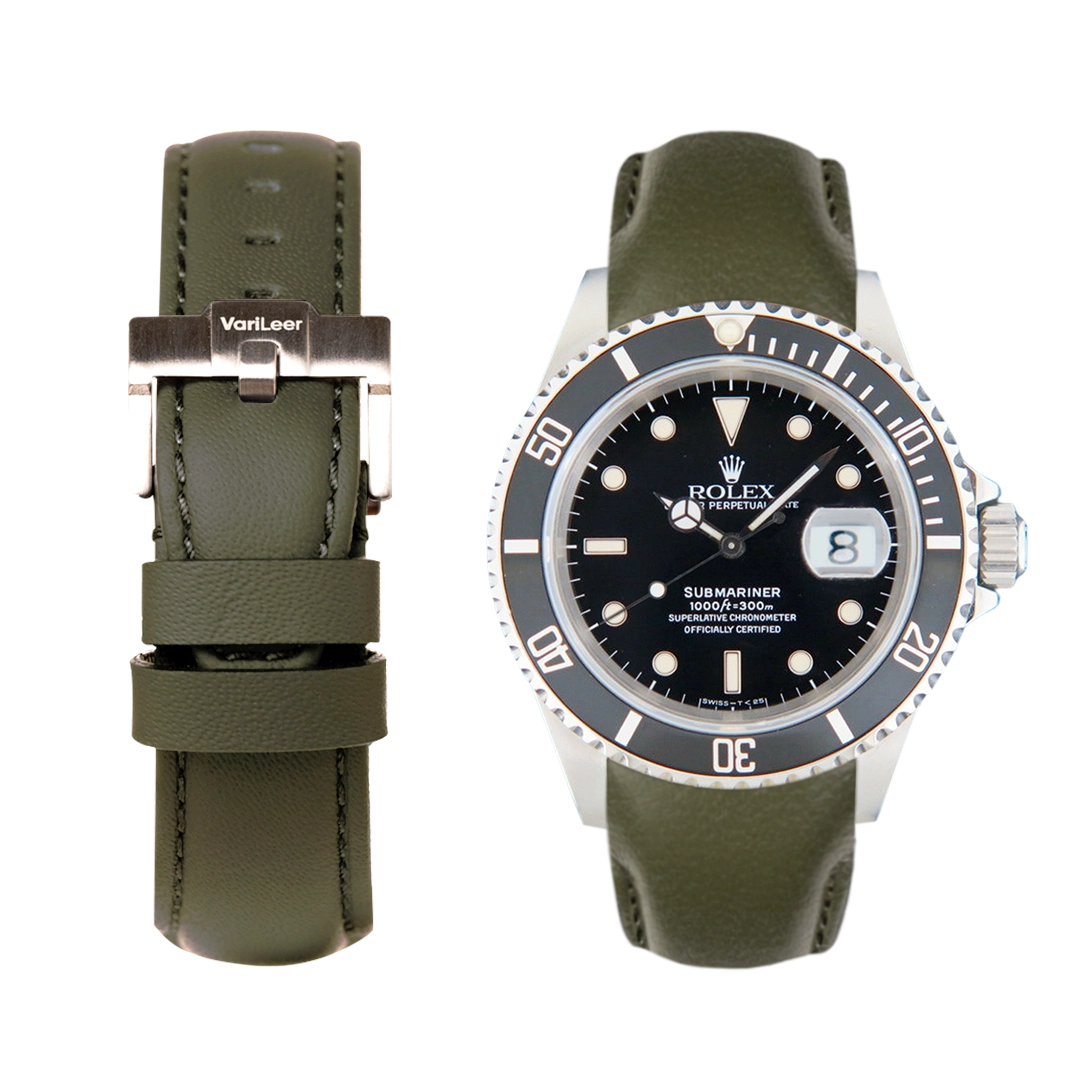 Curved end leather strap band for Rolex Submariner 16610 VariLeer Strap green