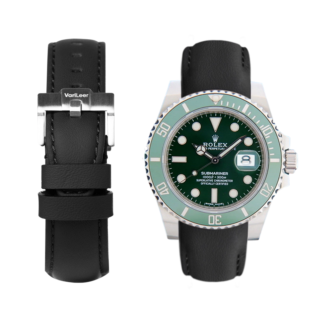 Curved end leather strap band for Rolex Submariner Hulk 116610LV VariLeer Strap black